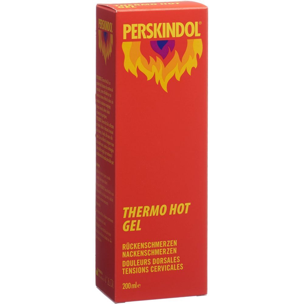 Emballage rouge avec logo PERSKINDOL et nom du produit. Contient Thermo Hot Gel. Texte en allemand, français, italien.