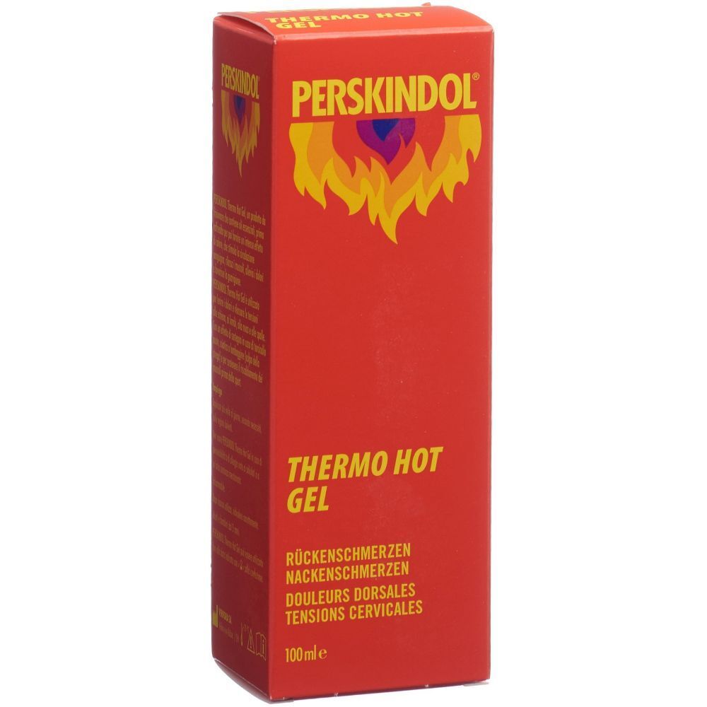 Boîte rouge PERSKINDOL Thermo Hot Gel. Texte: Douleurs dorsales, Tensions cervicales, Rückenschmerzen, Nackenschmerzen.