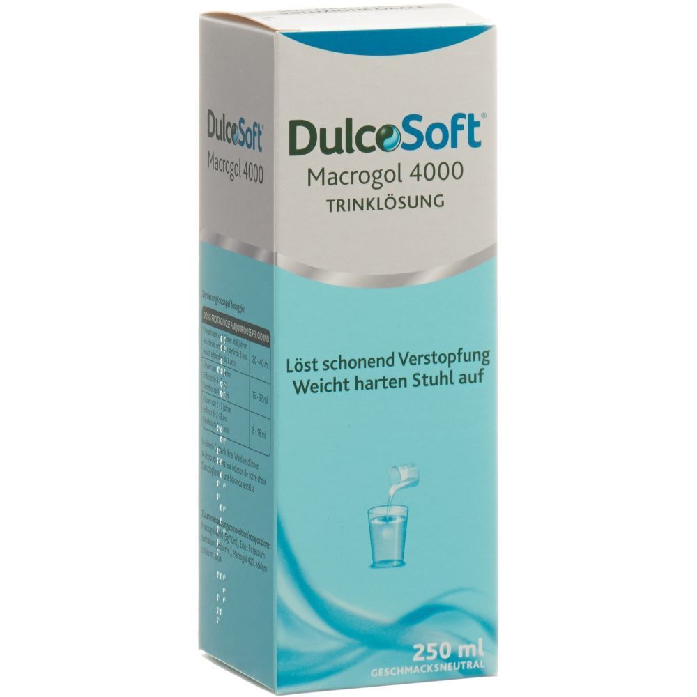 Boîte DULCOSOFT® Solution buvable. Inscriptions du produit et informations. 250 ml.