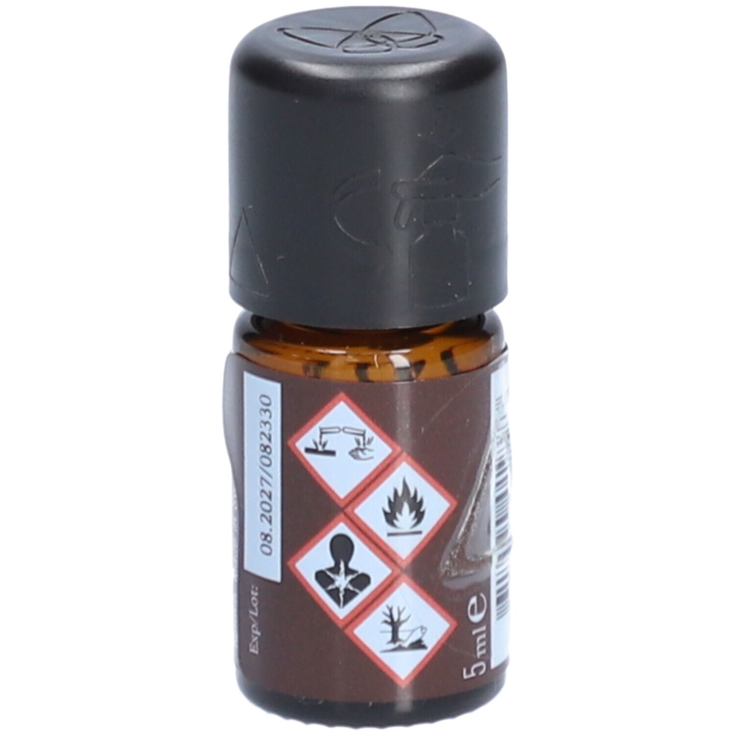 Flacon en verre brun avec bouchon noir. Étiquette avec symboles de danger, 5 ml et date d'expiration. Inscription: farfalla.