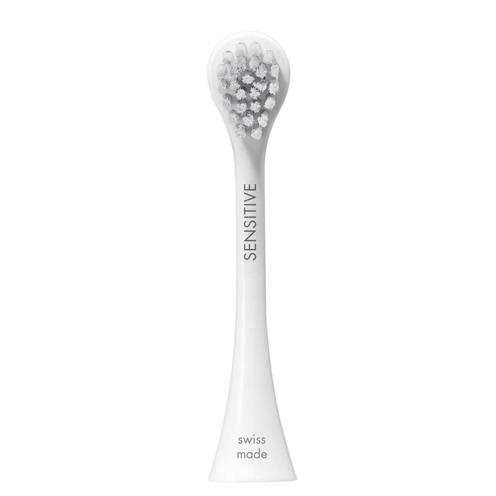 Tête de brosse blanche avec soies grises. Inscription "SENSITIVE". Swiss Made.