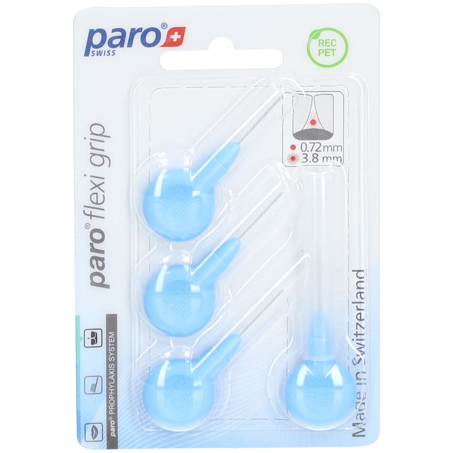 Blister de brossettes interdentaires paro® Flexi Grip bleues. 3 unités, 3,8 mm. Label REC PET.