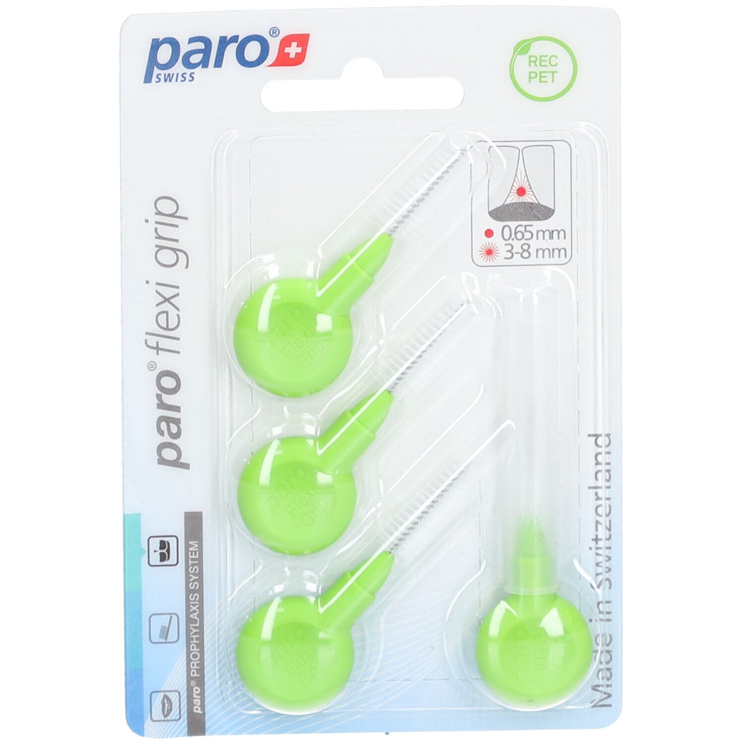 Blister de brossettes interdentaires paro® Flexi Grip vertes. 4 unités, 3-8 mm, 0,65 mm. REC PET.