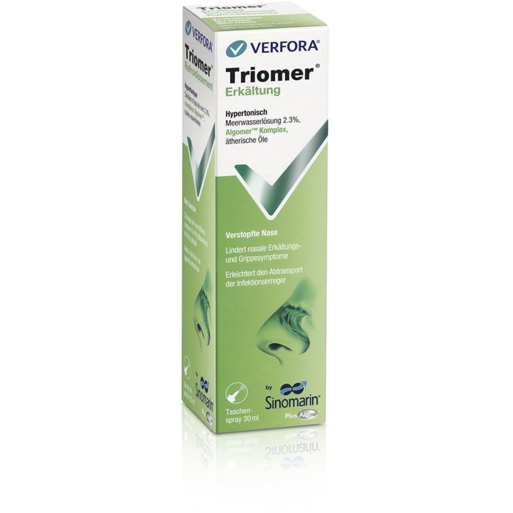 Boîte de spray nasal Triomer. Emballage vert et blanc avec informations et logo du produit.