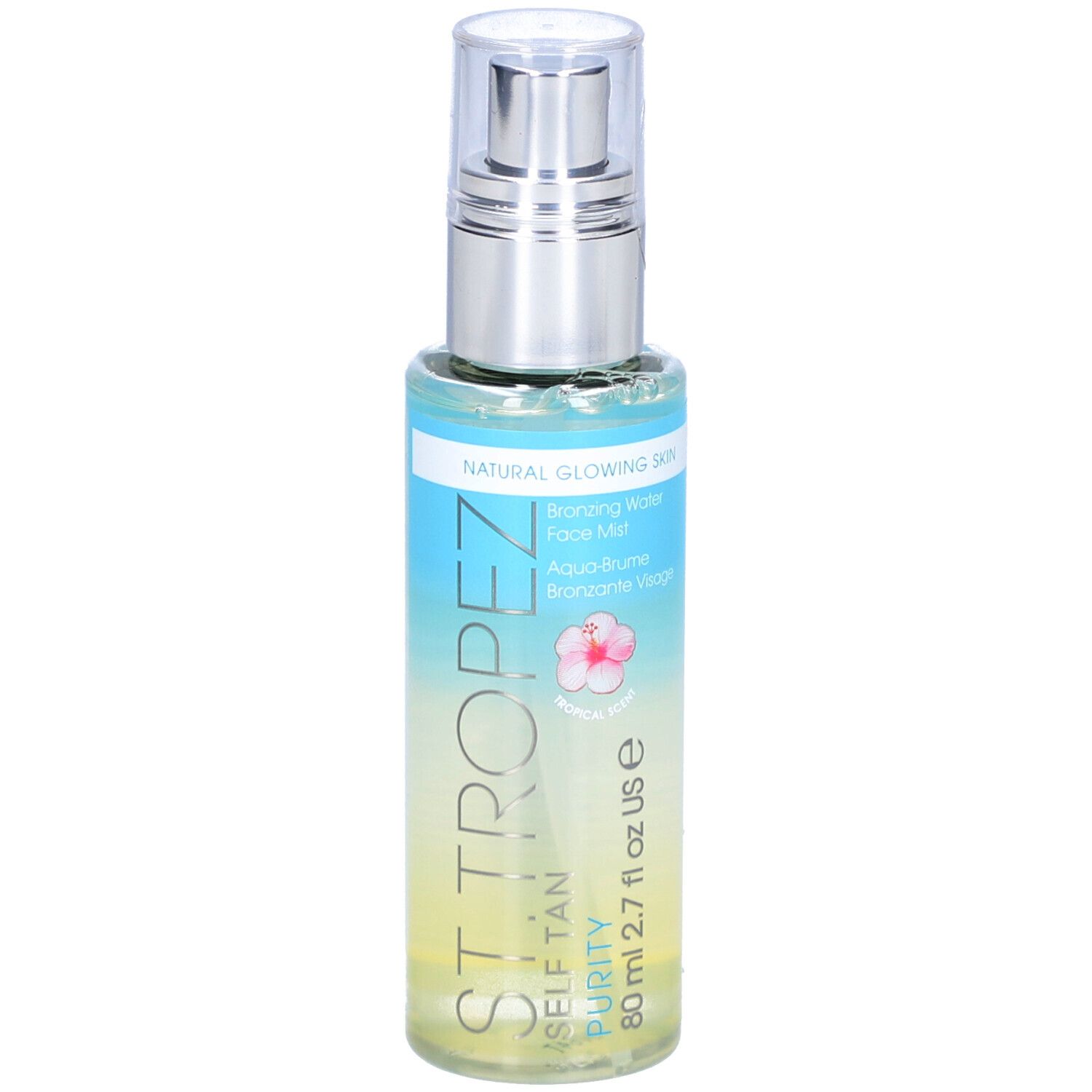 Flacon de brume transparente avec vaporisateur. Inscriptions: ST. TROPEZ, PURITY, SELF TAN. Étiquette avec nom du produit.