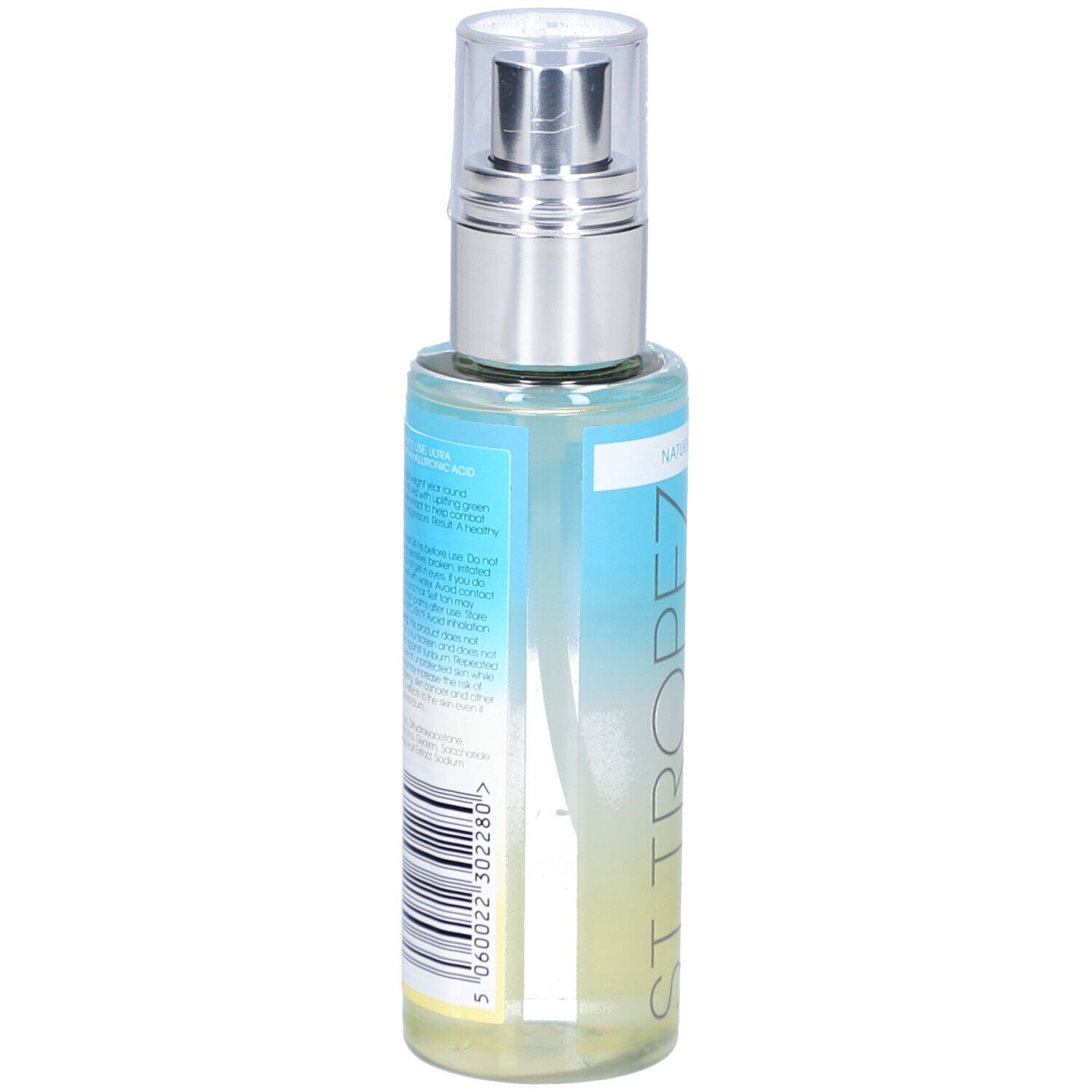 Dos du flacon. Étiquette avec informations produit et code-barres. Inscription: ST. TROPEZ. Flacon avec vaporisateur.
