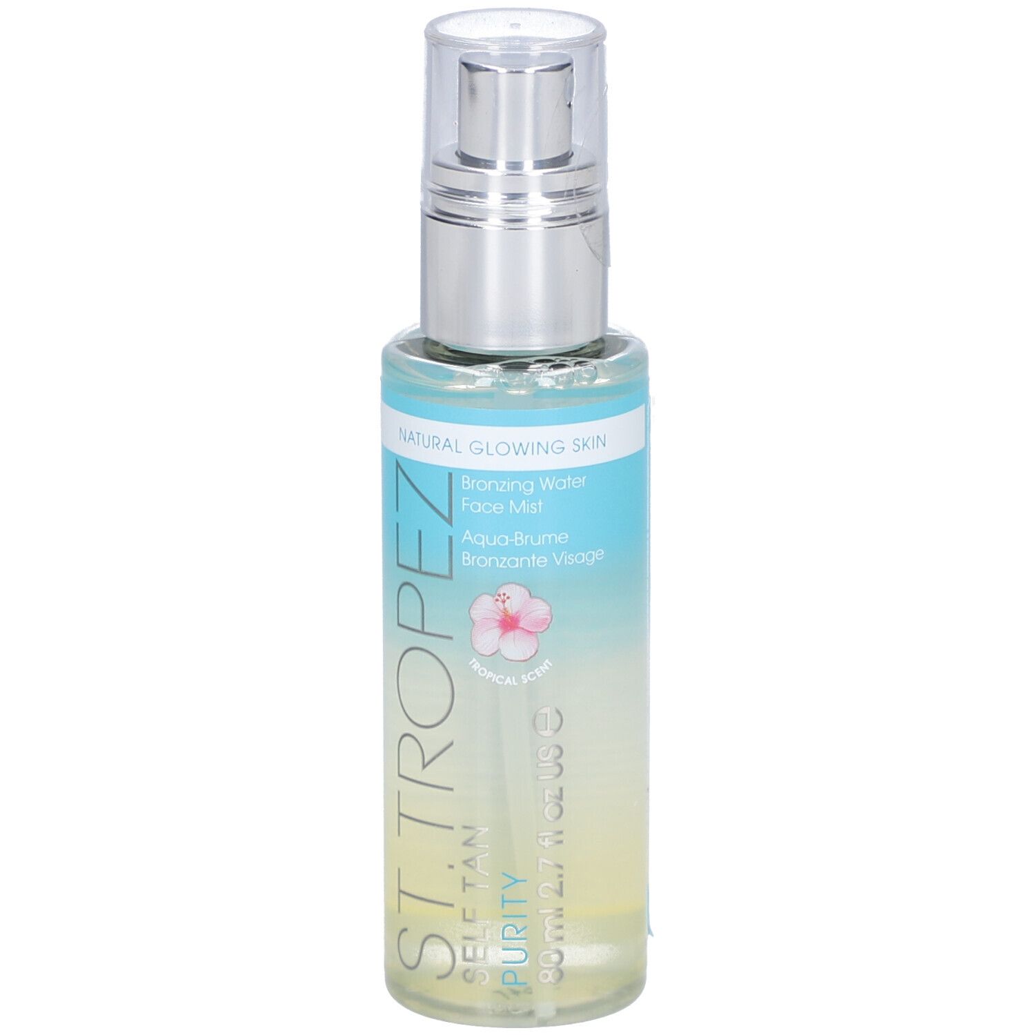 Flacon de brume transparente avec vaporisateur. Inscriptions: ST. TROPEZ, PURITY, SELF TAN. Étiquette avec nom du produit.