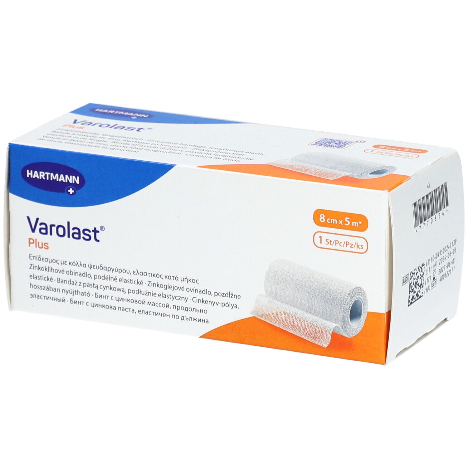 Emballage de Varolast® Plus. Dimensions : 8 cm x 5 m. Marque : Hartmann. Une bande visible.