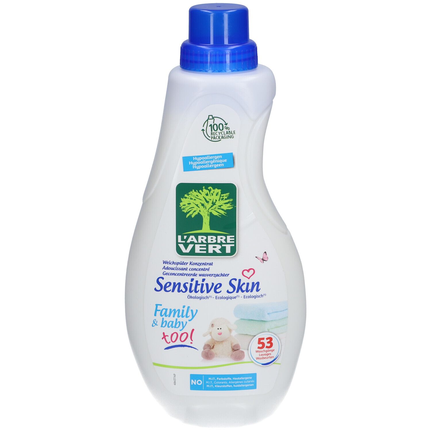L'Arbre Vert Sensitive Skin Family & Baby concentré adoucissant dans une bouteille blanche avec bouchon bleu. Emballage 100% recyclable.