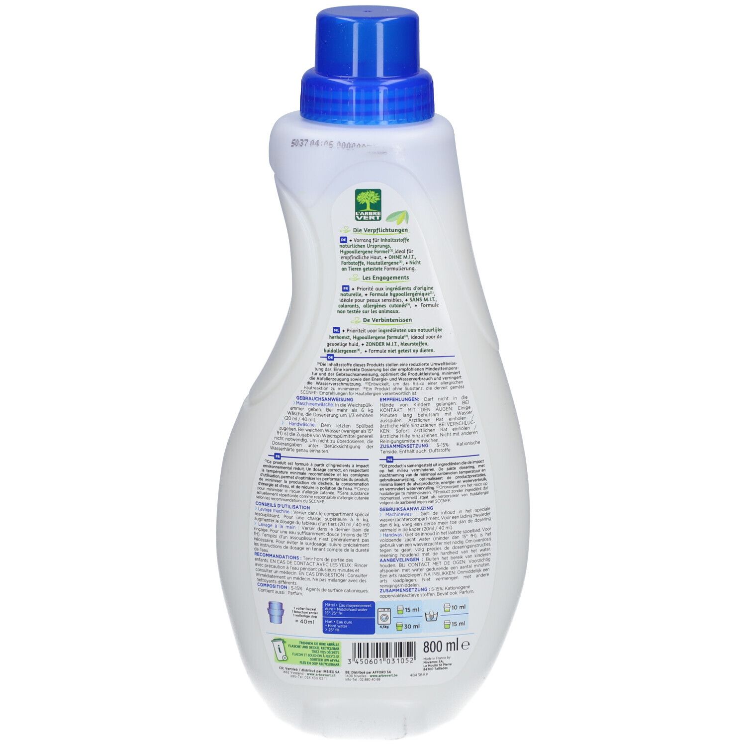 Bouteille en plastique blanc avec bouchon bleu, lessive de 800 ml.