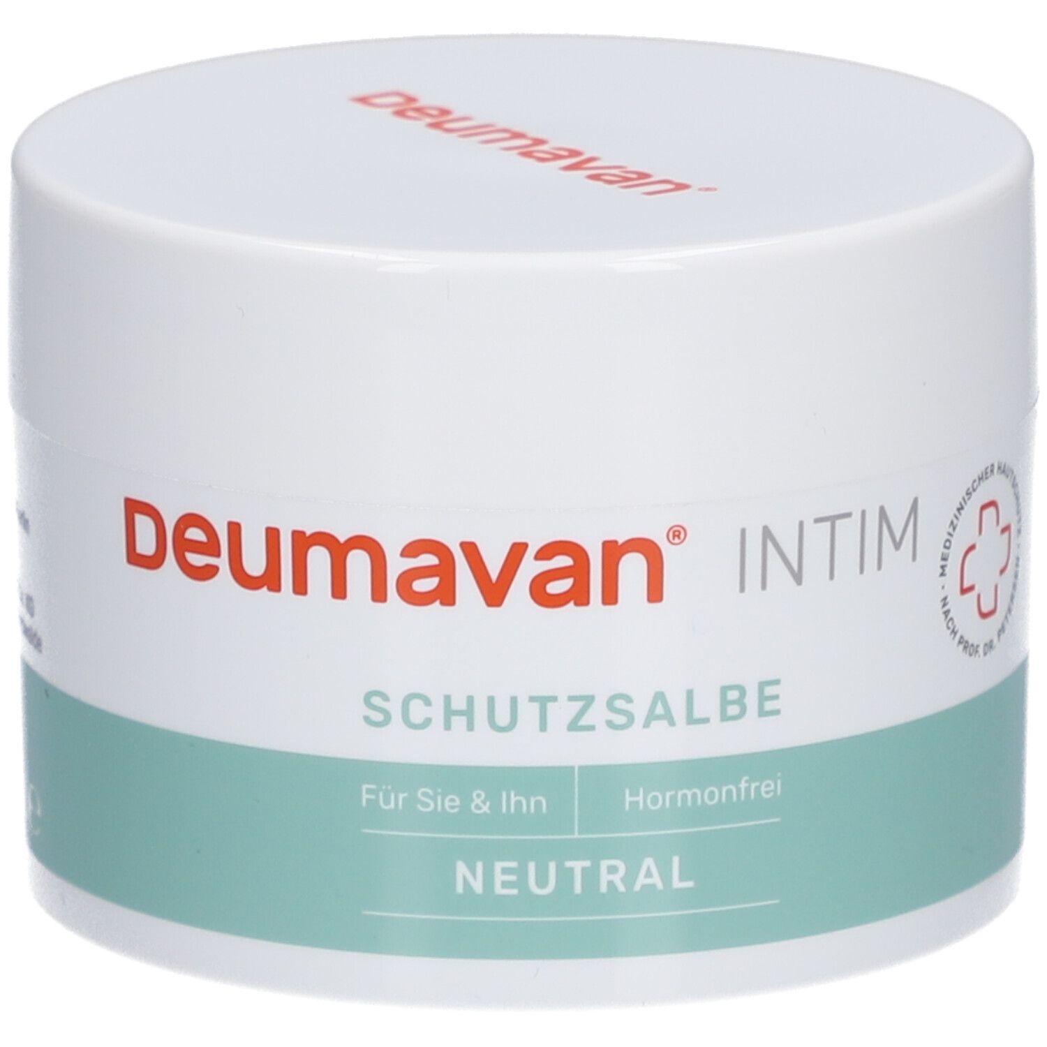 Pot blanc avec bande verte. Inscription: Deumavan, INTIM, Schutzsalbe, Neutral. Protection cutanée médicale.
