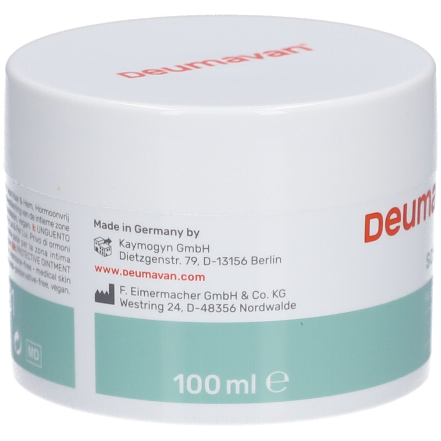 Pot blanc avec bande verte. Inscription: Deumavan, 100 ml. Texte multilingue. Informations fabricant.