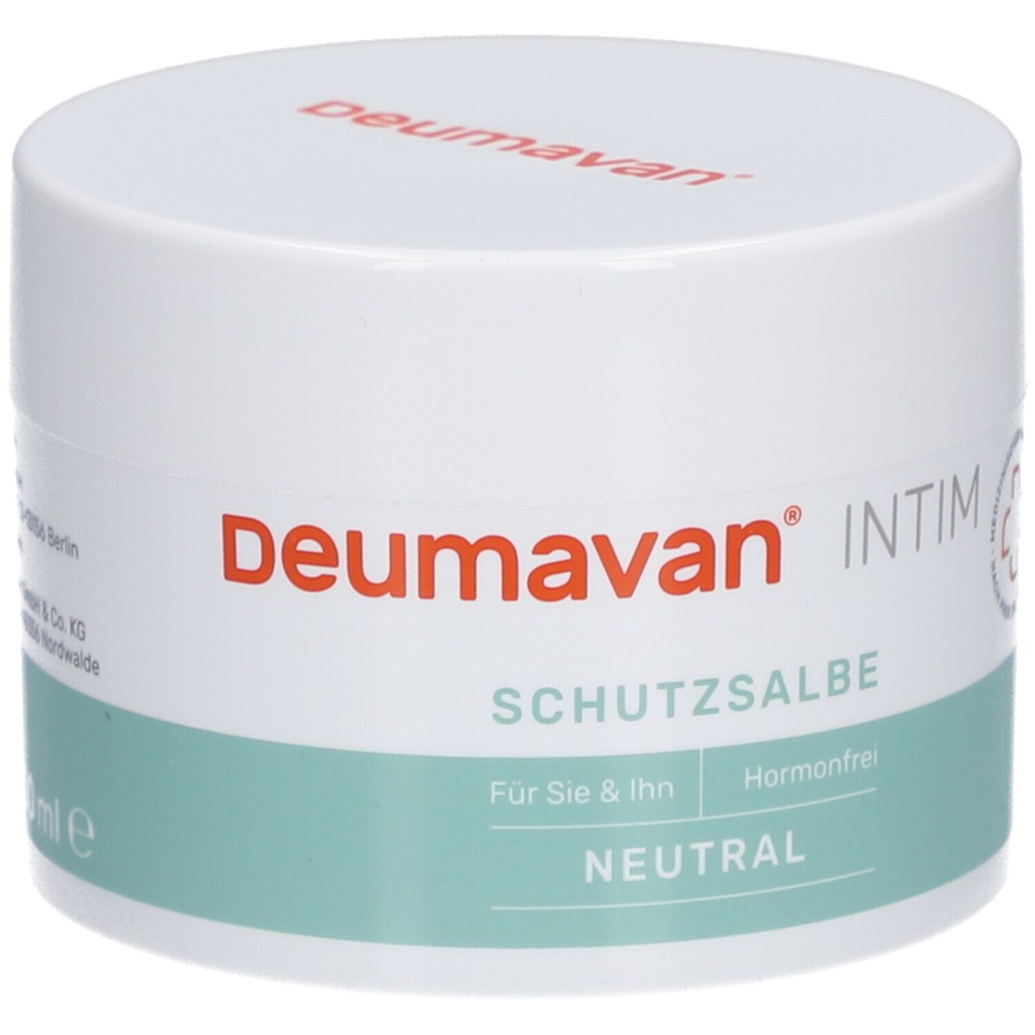 Pot blanc avec bande verte. Inscription: Deumavan, INTIM, Schutzsalbe, Neutral. Protection cutanée médicale.