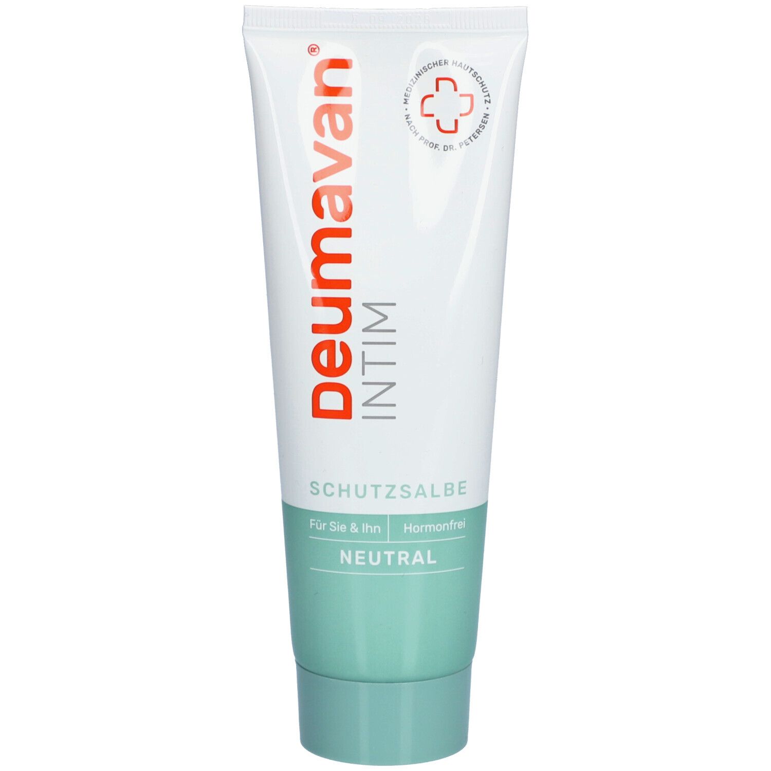 Tube blanc, bouchon vert. Inscription: Deumavan Intim, pommade protectrice, neutre. Logo croix rouge.