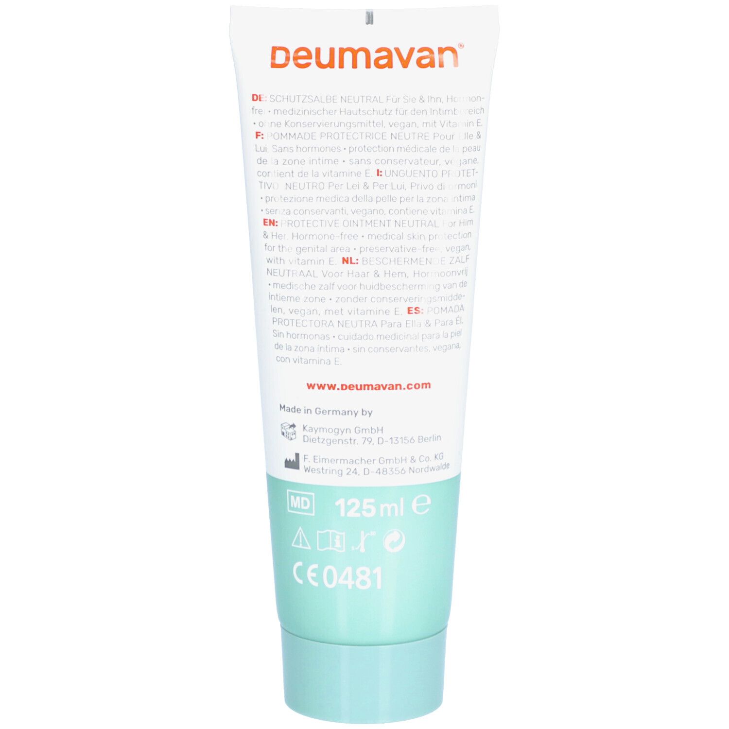 Dos du tube. Texte multilingue. Zone verte avec logo et indication de volume: 125ml.