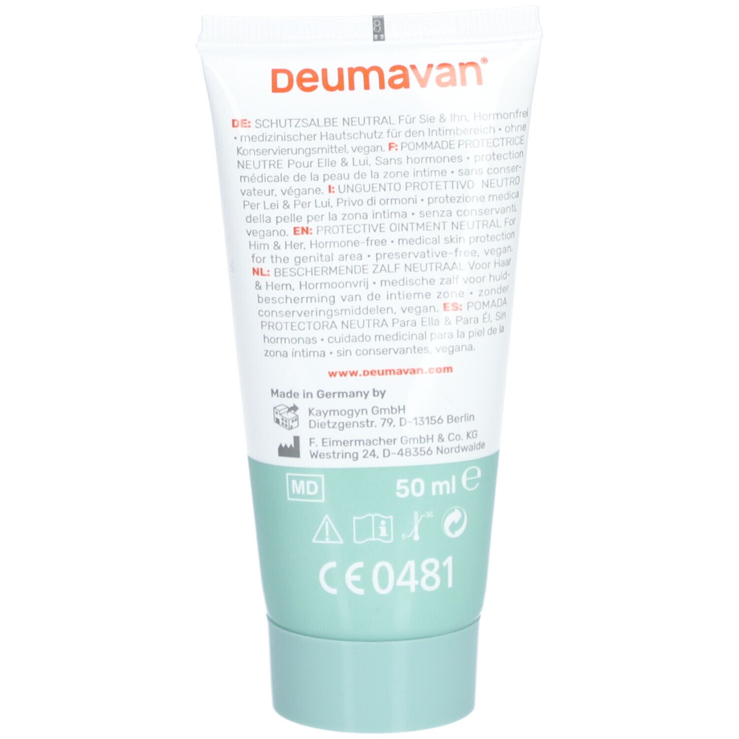 Dos du tube. Texte multilingue. Informations sur les ingrédients, le fabricant, les certifications et le volume: 50 ml.