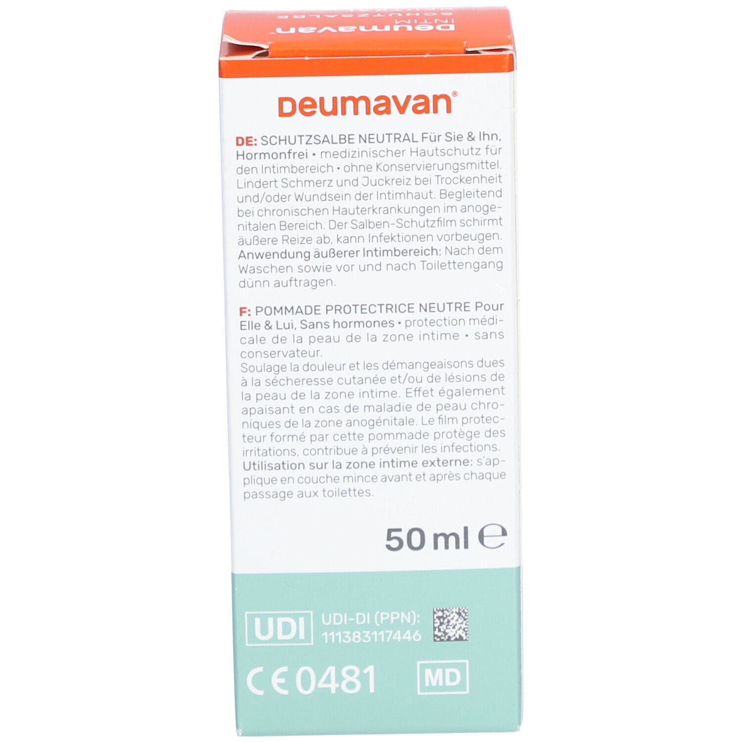 Côté de la boîte. Texte en allemand et français. Informations sur le produit, volume: 50 ml. Couleurs orange et blanc.