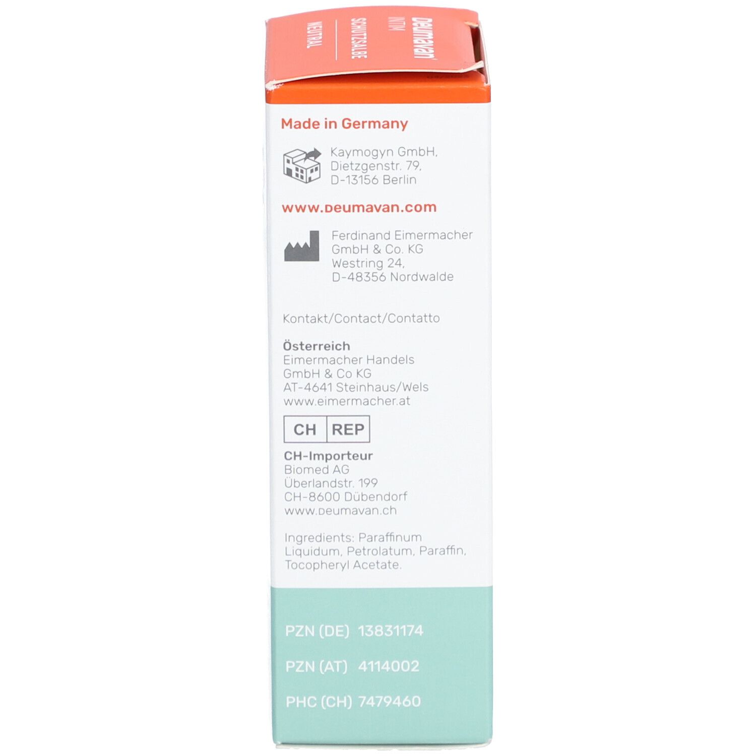 Côté de la boîte. Informations sur le fabricant, l'importateur, les ingrédients. Couleurs orange et blanc. Code PZN.