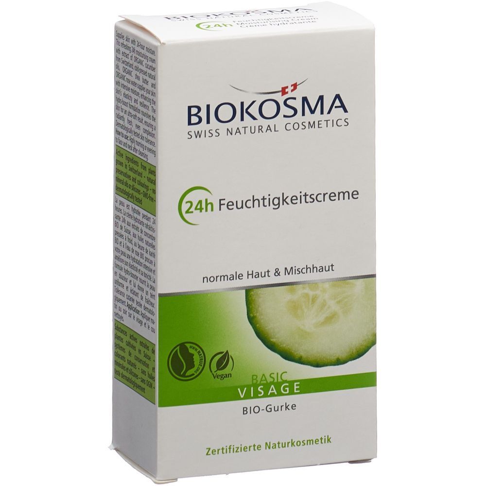 Emballage BIOKOSMA. Crème hydratante 24h, Bio Gurke. Boîte blanche avec accents verts, tranche de concombre.