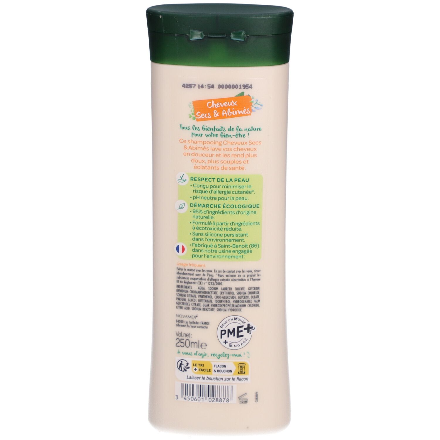 Dos du flacon de shampooing. Texte: Shampooing Cheveux Secs & Abîmés. Ingrédients, label écologique, 250ml.