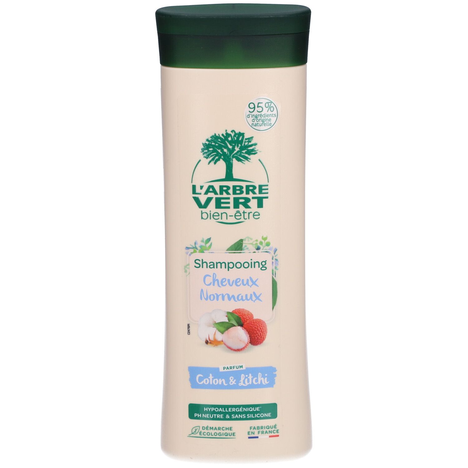 Flacon de shampooing beige, bouchon vert. Logo arbre et texte L'ARBRE VERT. Inscription: Shampooing Cheveux Normaux, Coton & Litchi.