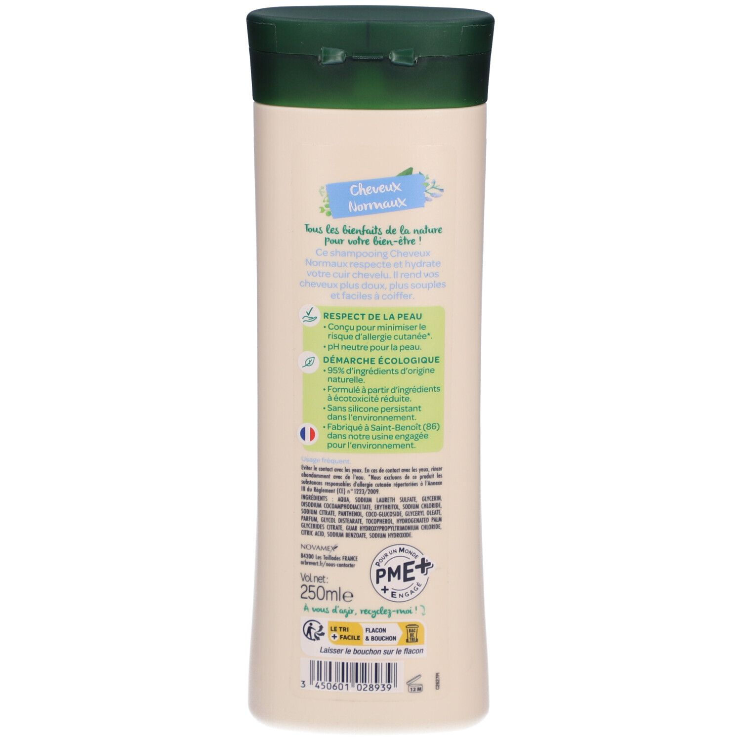 Dos du flacon de shampooing. Texte: Cheveux Normaux, RESPECT DE LA PEAU, DÉMARCHE ÉCOLOGIQUE. Ingrédients et symboles de recyclage.