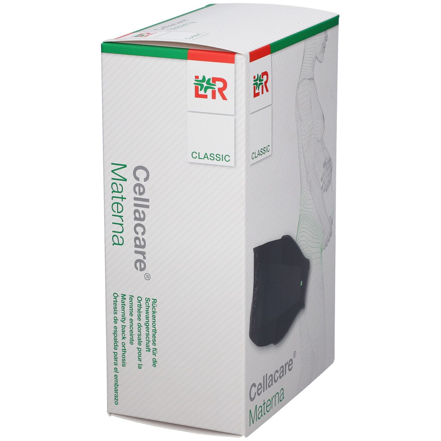 Emballage Cellacare® Materna. Bandage noir visible. Inscription: Cellacare® Materna.