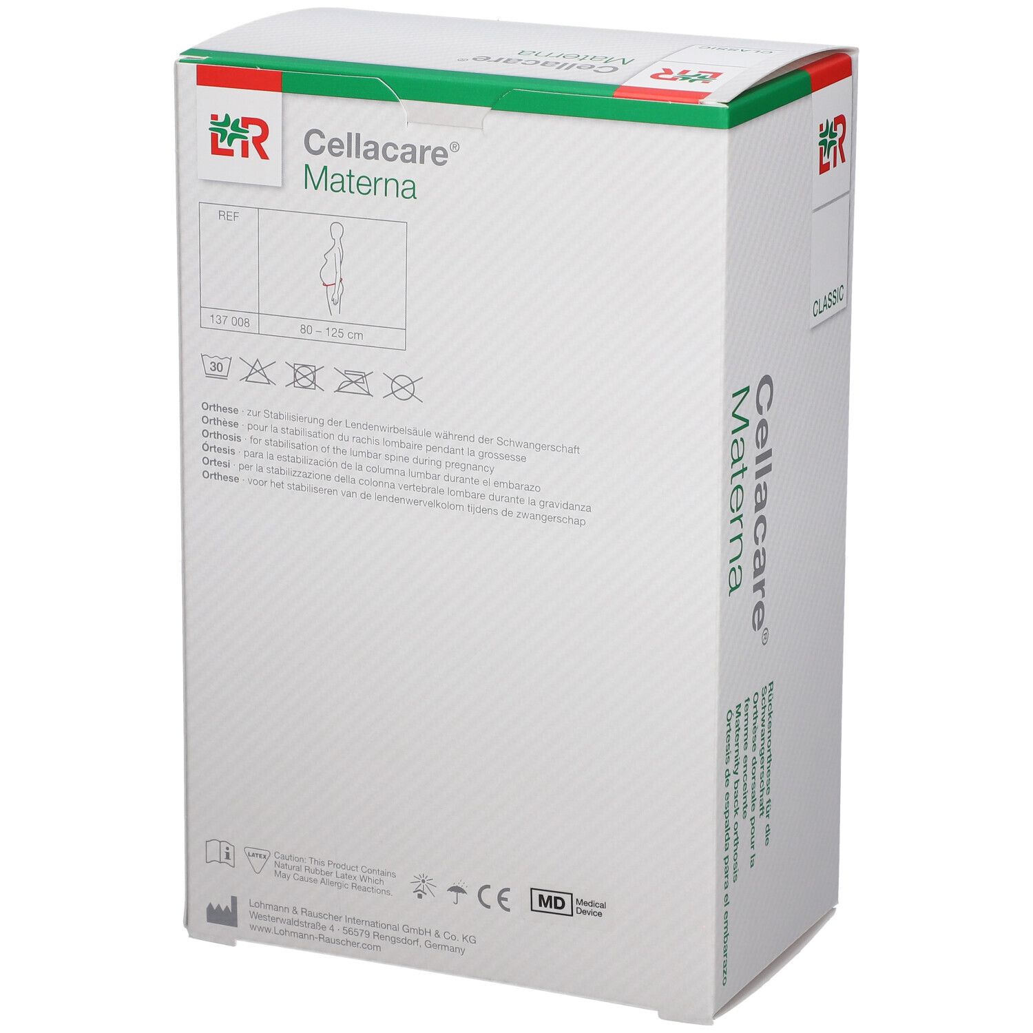 Dos de l'emballage Cellacare® Materna. Informations et logos. Inscription: Cellacare® Materna.