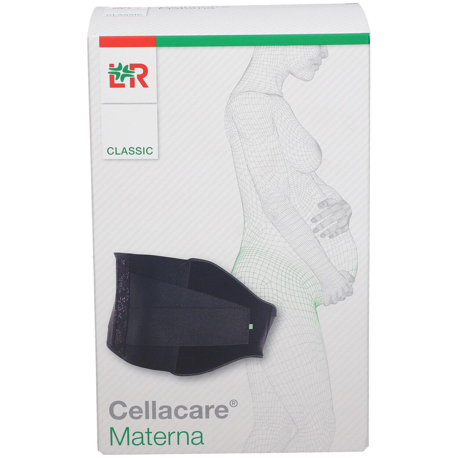 Emballage Cellacare® Materna. Bandage noir visible. Inscription: Cellacare® Materna, Classic.