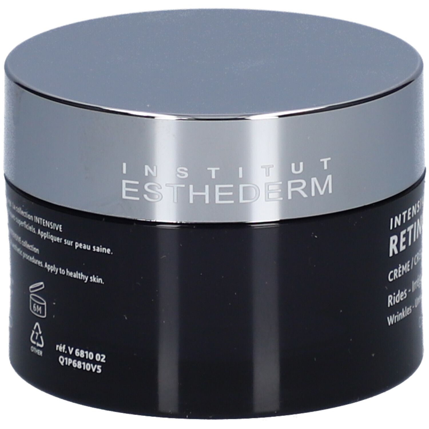 Pot de crème foncé avec couvercle argenté. Inscription: INSTITUT ESTHEDERM. Dos avec texte et symboles.