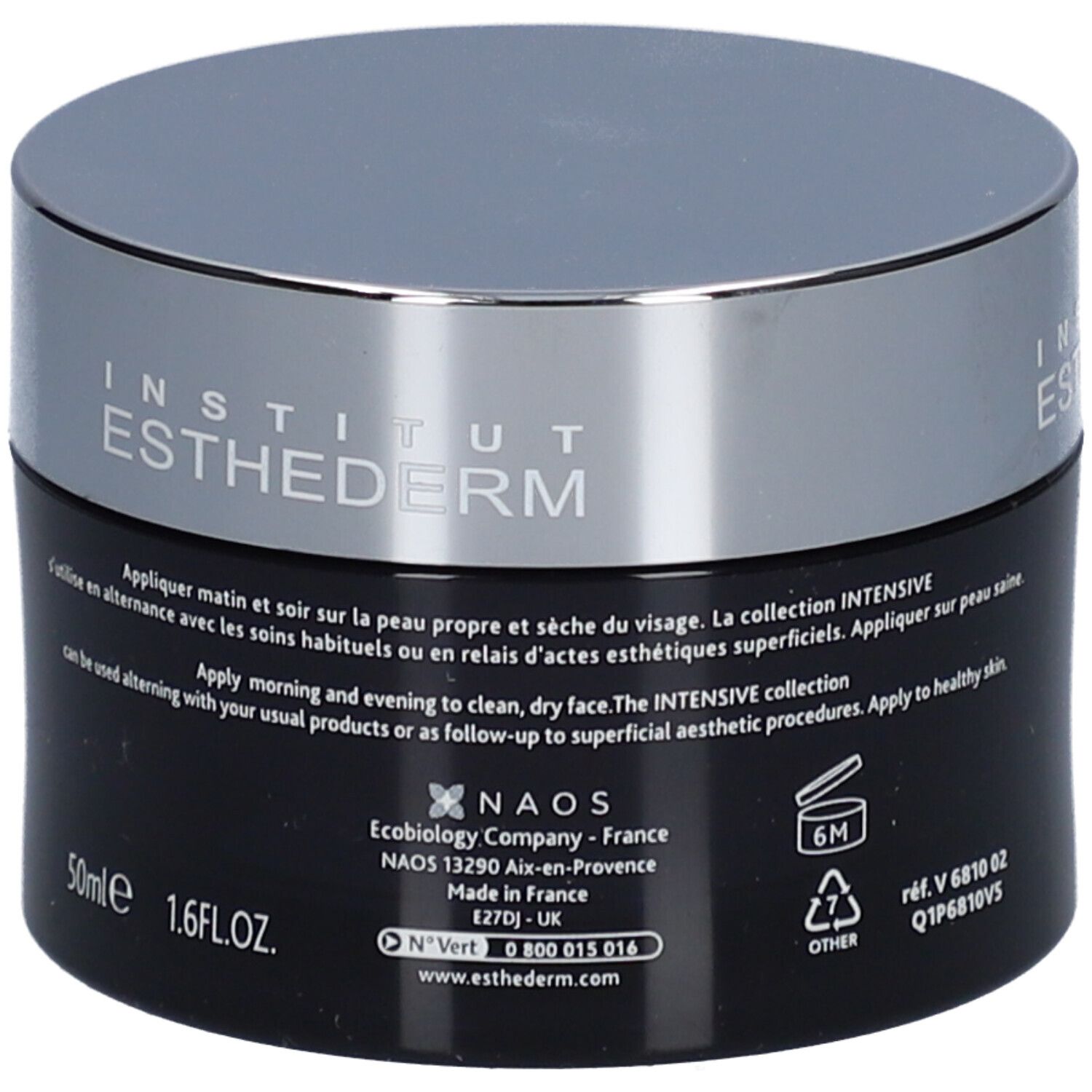 Pot de crème foncé avec couvercle argenté. Inscription: INSTITUT ESTHEDERM. Texte au dos, 50ml, 1.6 FL.OZ.