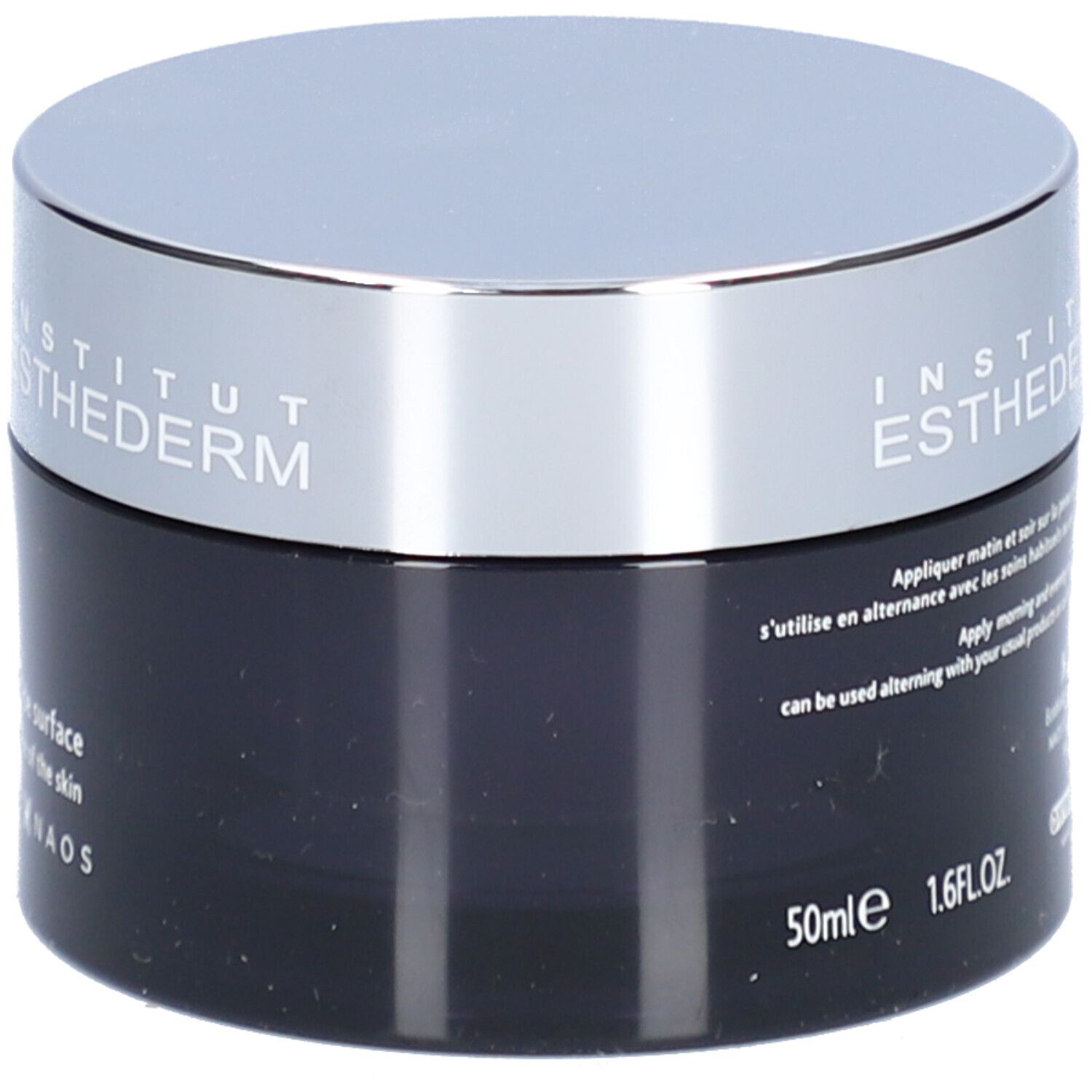 Pot de crème foncé avec couvercle argenté. Inscription: INSTITUT ESTHEDERM. Texte au dos, 50ml, 1.6 FL.OZ.