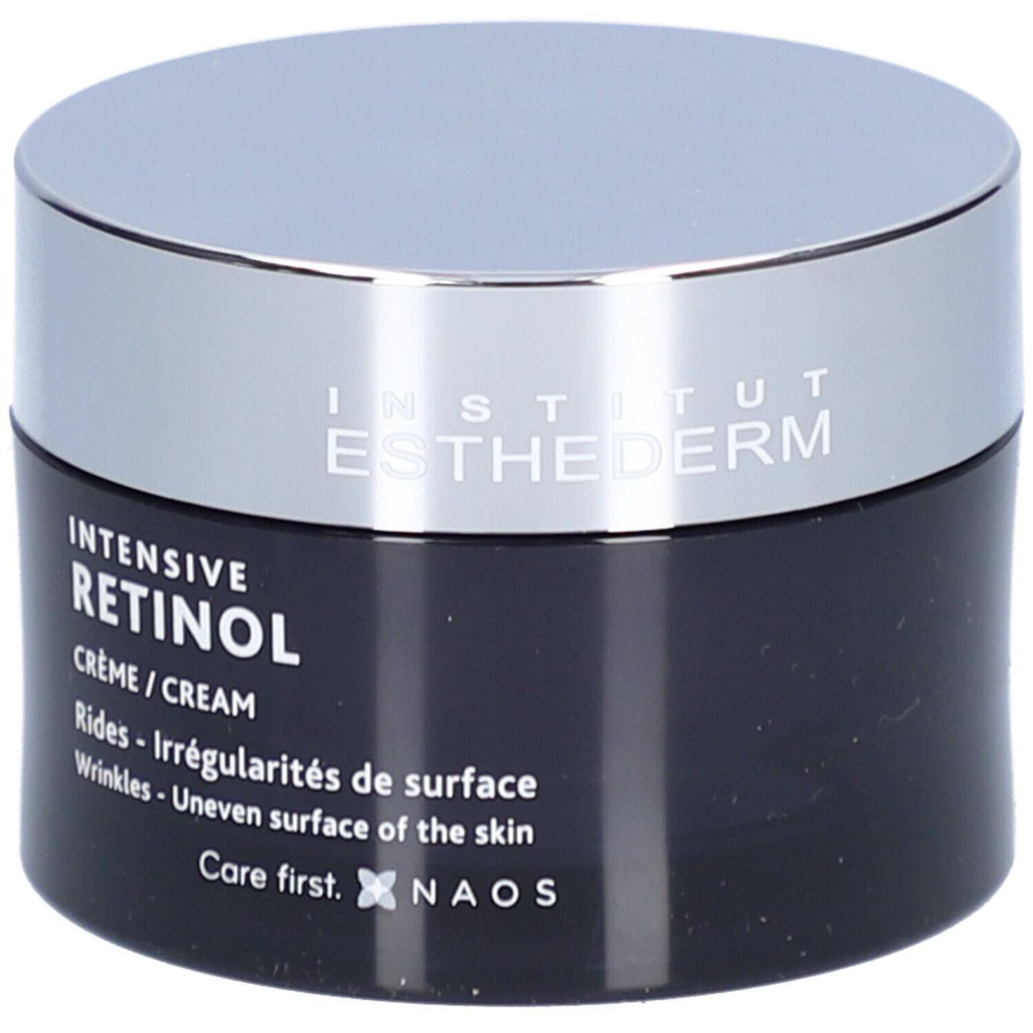 Pot de crème foncé avec couvercle argenté. Inscription: INSTITUT ESTHEDERM, INTENSIVE RETINOL, Crème/Cream.