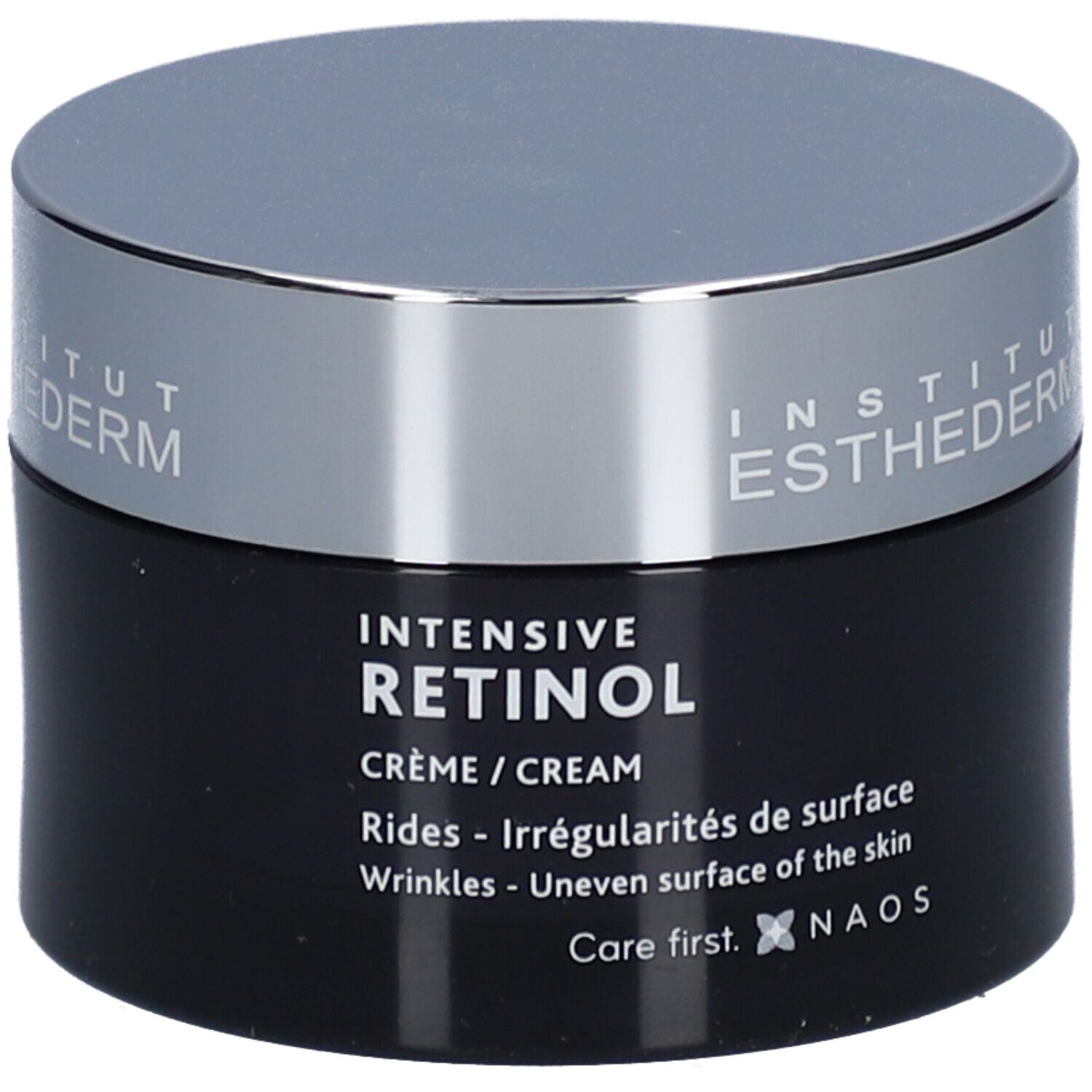 Pot de crème foncé avec couvercle argenté. Inscription: INSTITUT ESTHEDERM, INTENSIVE RETINOL, Crème/Cream.