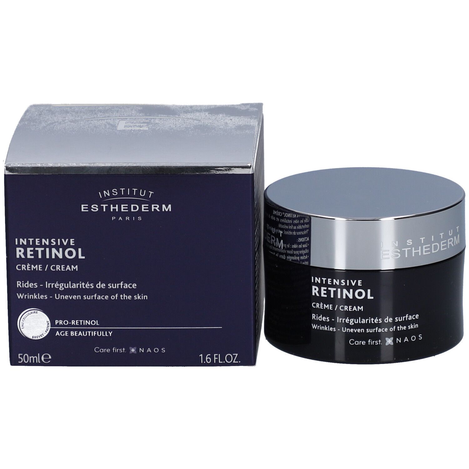 Pot de crème foncé et boîte. Inscription: INSTITUT ESTHEDERM, INTENSIVE RETINOL, Crème/Cream, 50ml, 1.6 FL.OZ.