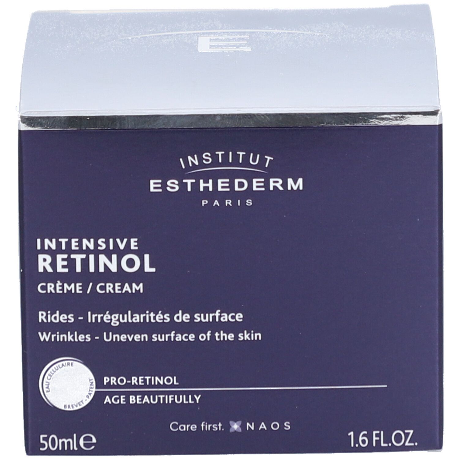 Boîte foncée. Inscription: INSTITUT ESTHEDERM, INTENSIVE RETINOL, Crème/Cream, 50ml, 1.6 FL.OZ.