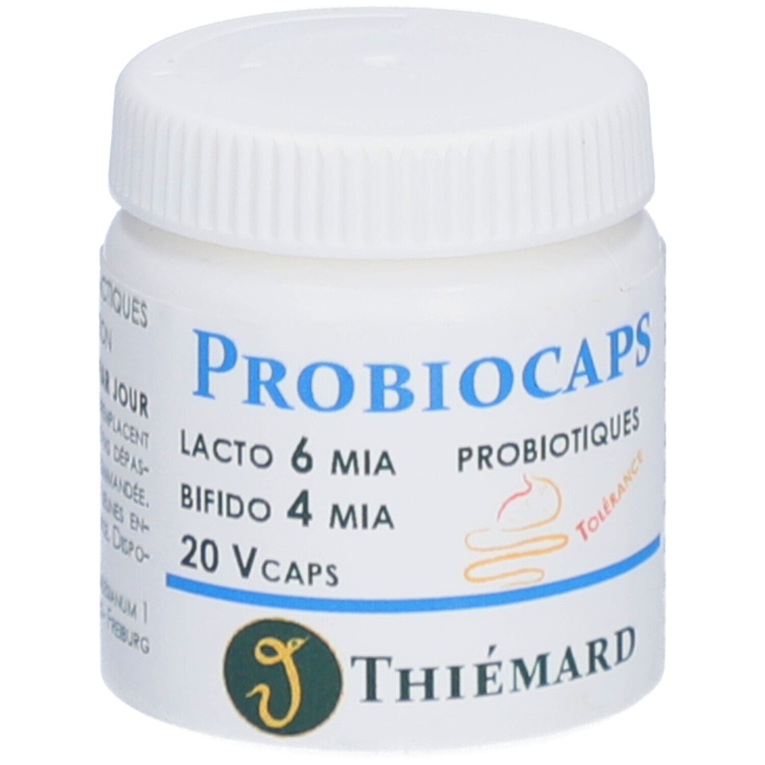 Flacon blanc avec bouchon à vis. Inscription: Probiocaps, Lacto 6 MIA, Bifido 4 MIA, 20 Vcaps. Logo: Thiemard.