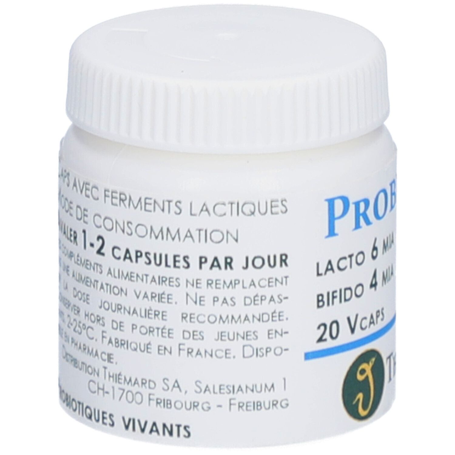 Flacon blanc avec bouchon à vis. Inscription: Probiocaps, Lacto 6 MIA, Bifido 4 MIA, 20 Vcaps. Logo: Thiemard. Texte sur le côté.