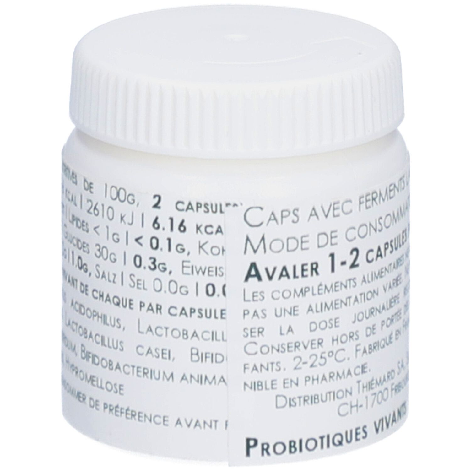 Flacon blanc avec bouchon à vis. Inscription: Probiocaps, Lacto 6 MIA, Bifido 4 MIA, 20 Vcaps. Logo: Thiemard. Texte avec valeurs nutritionnelles.