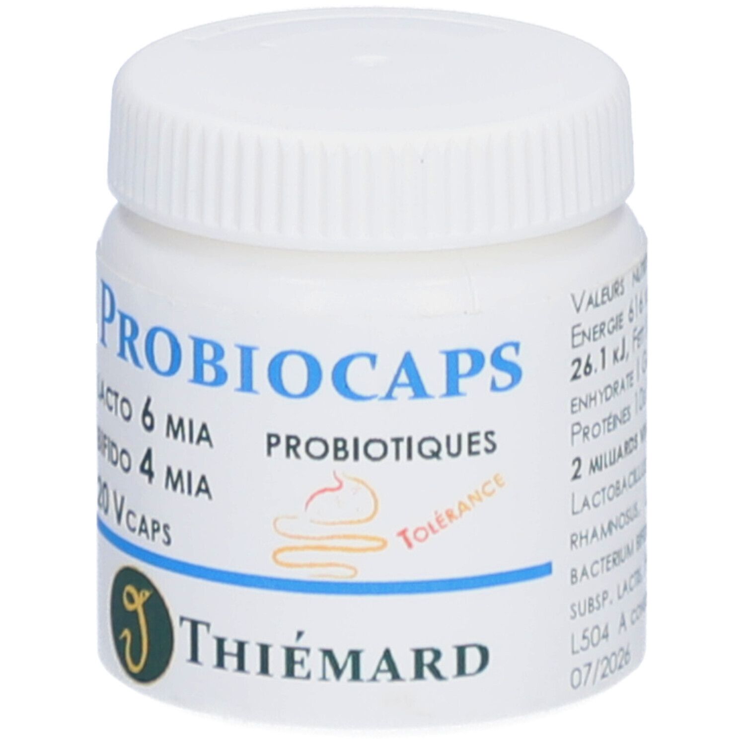 Flacon blanc avec bouchon à vis. Inscription: Probiocaps, Lacto 6 MIA, Bifido 4 MIA, 20 Vcaps. Logo: Thiemard. Texte avec valeurs nutritionnelles.