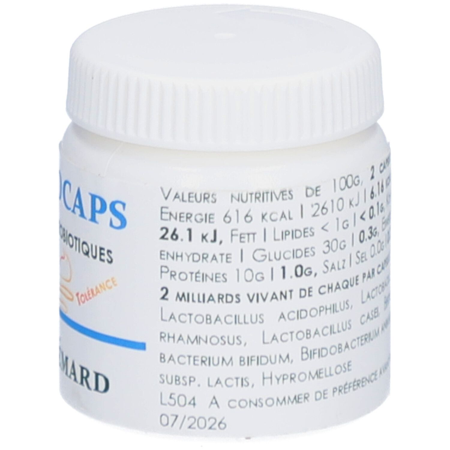 Flacon blanc avec bouchon à vis. Inscription: Probiocaps, Lacto 6 MIA, Bifido 4 MIA, 20 Vcaps. Logo: Thiemard. Texte avec valeurs nutritionnelles et date de péremption.