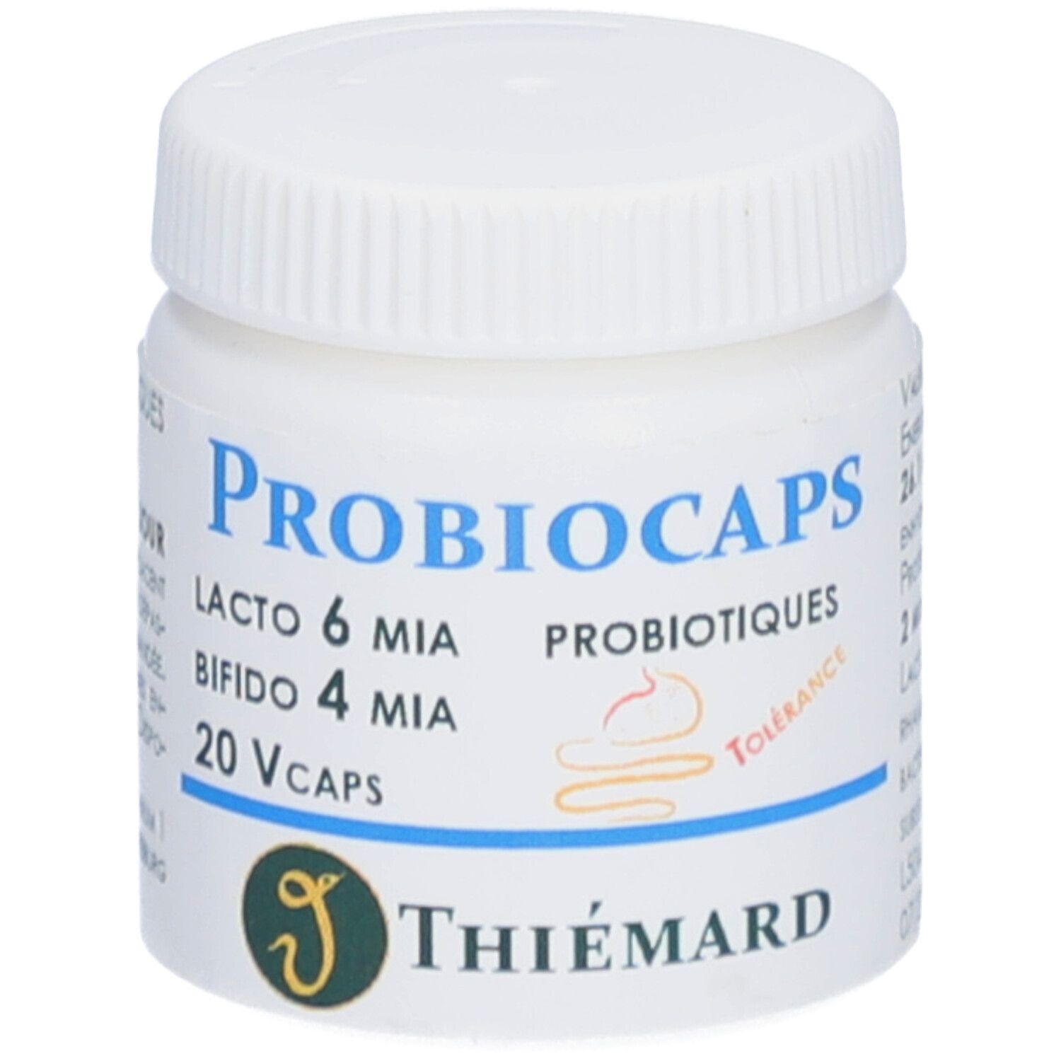 Flacon blanc avec bouchon à vis. Inscription: Probiocaps, Lacto 6 MIA, Bifido 4 MIA, 20 Vcaps. Logo: Thiemard.