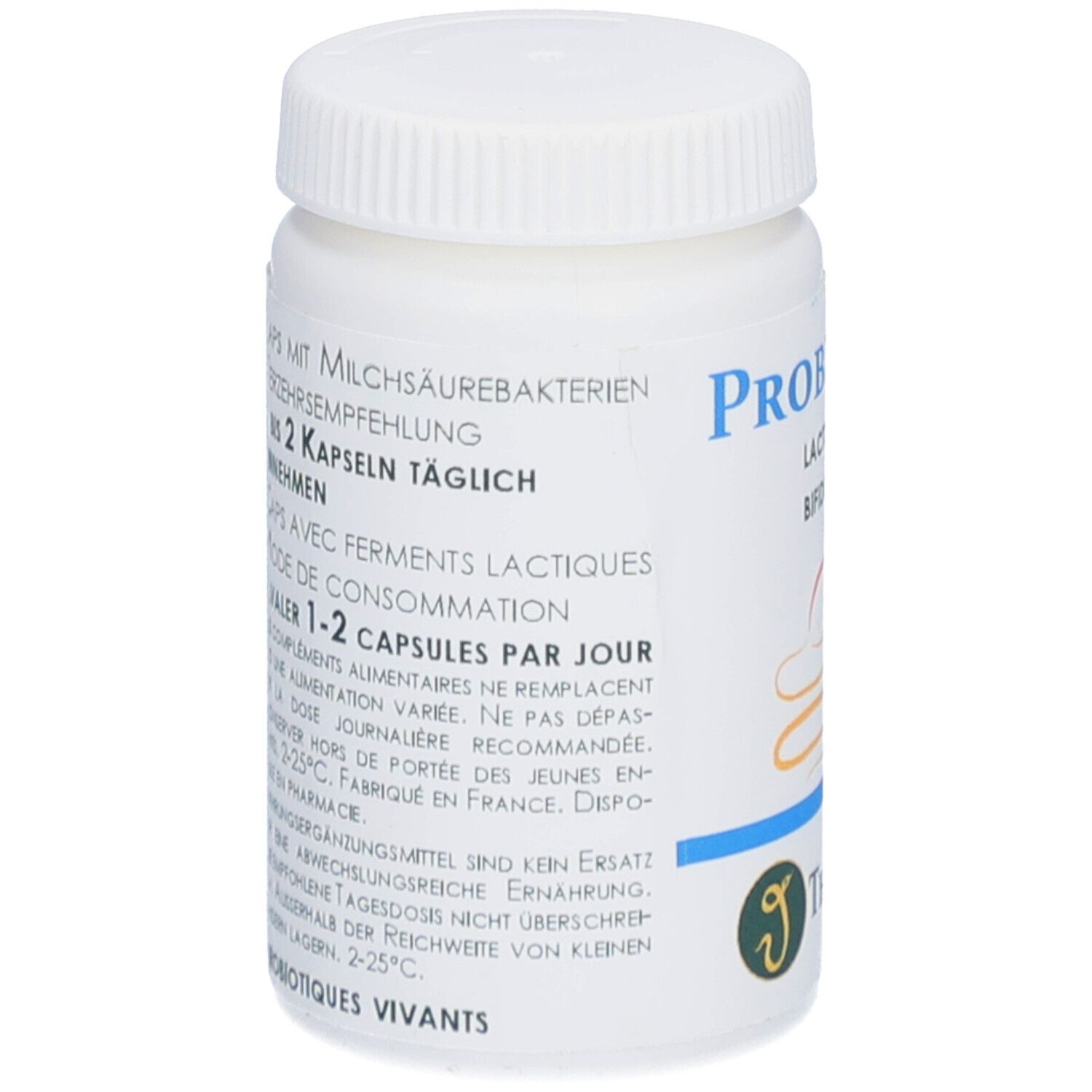 Flacon blanc avec texte. Contient des gélules. "2 gélules par jour". Logo Thiémard.