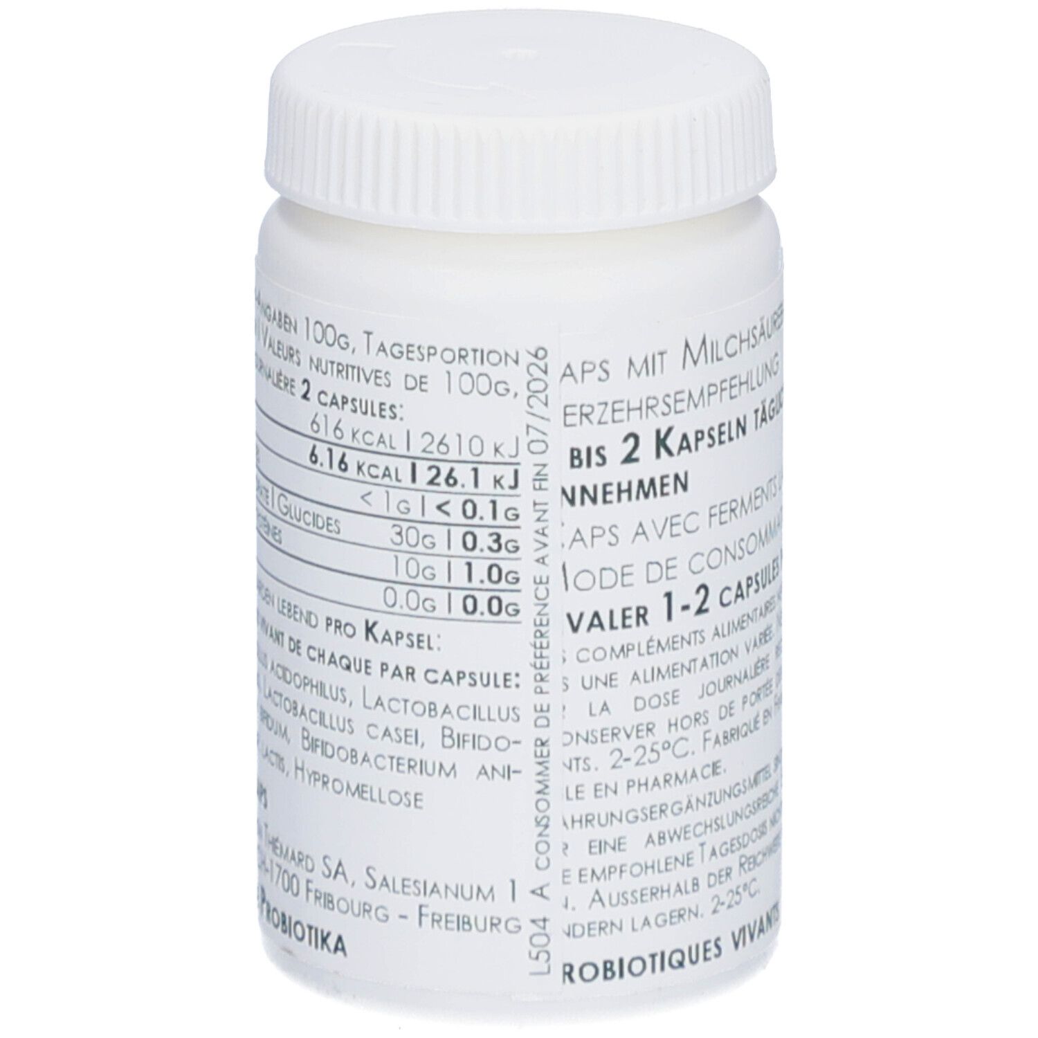 Flacon blanc avec informations nutritionnelles. Contient des gélules. Texte: "Jusqu'à 2 gélules par jour".