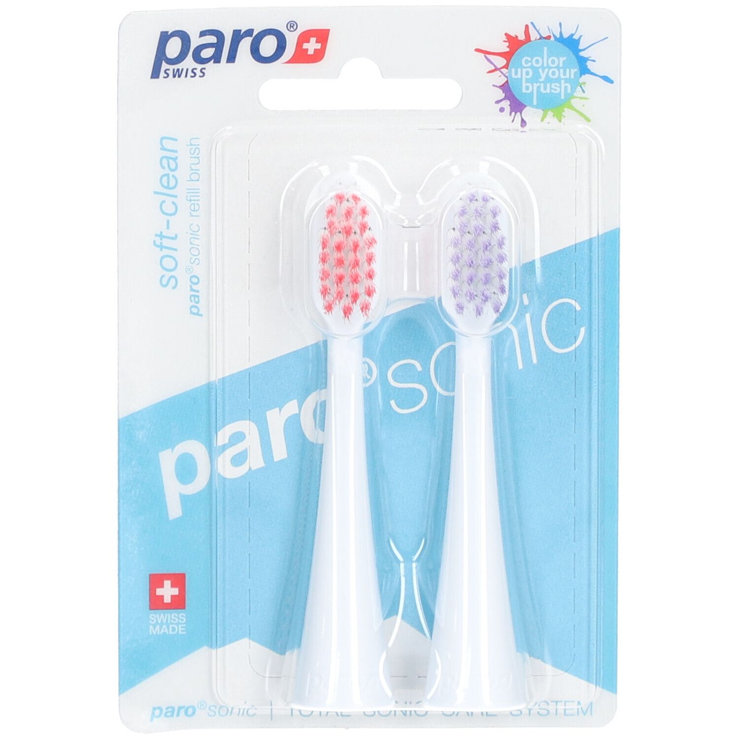 Deux têtes de brosse à dents blanches avec soies colorées, emballage blister. Marque : paro swiss.