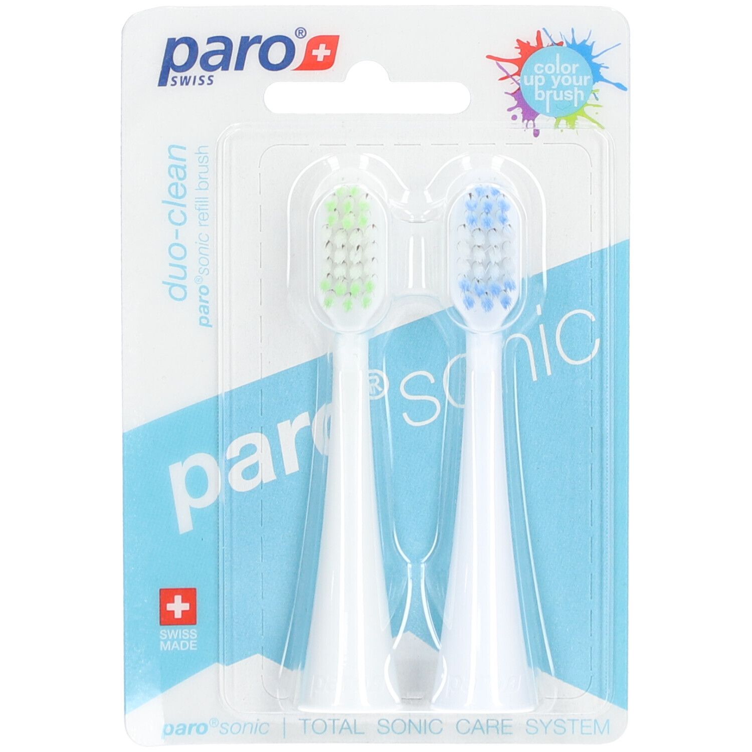Deux têtes de brosse paro® Sonic Duo-Clean blanches dans un emballage blister. Soies vertes et bleues. Marque et nom du produit visibles.