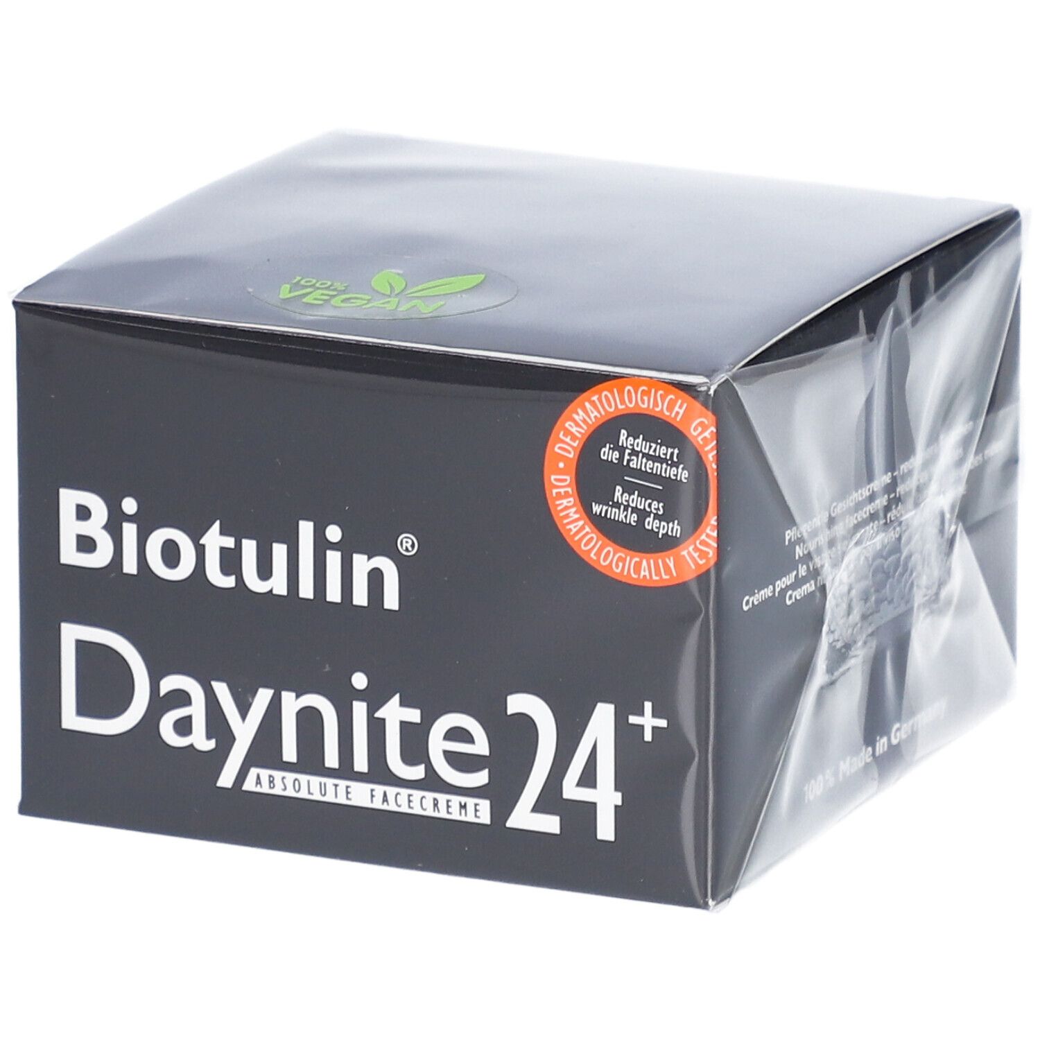 Boîte noire BIOTULIN Daynite 24+. Logo vegan. Testé dermatologiquement. Réduit la profondeur des rides.