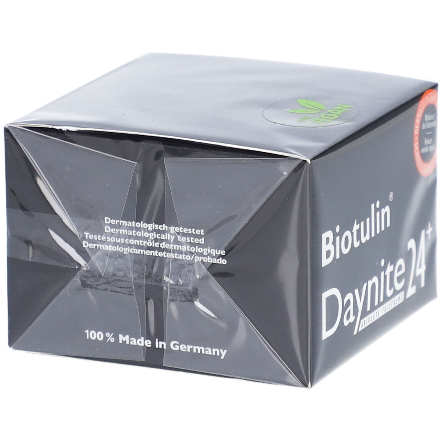 Boîte noire BIOTULIN Daynite 24+. Logo vegan. Testé dermatologiquement. Fabriqué en Allemagne.