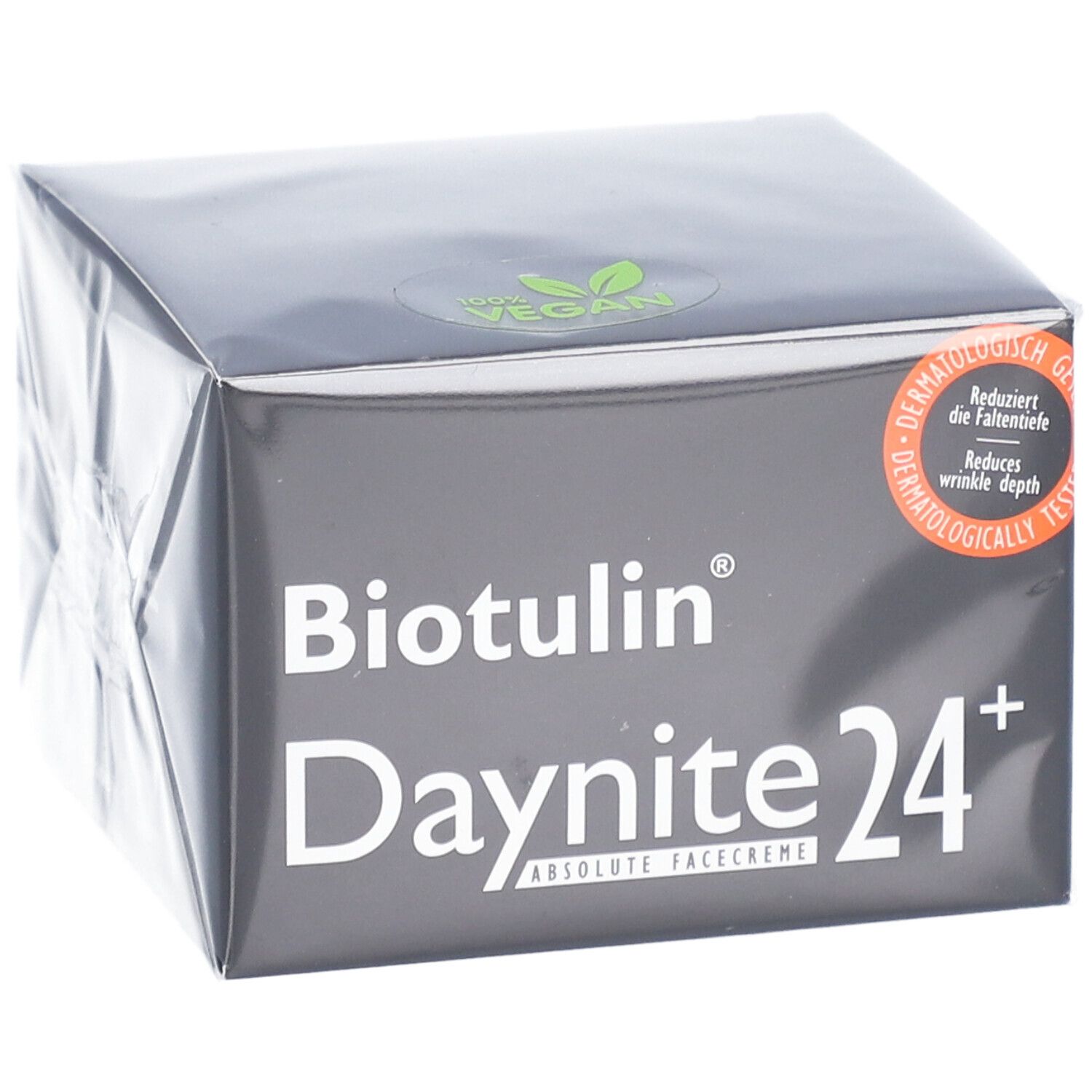Boîte noire BIOTULIN Daynite 24+. Logo vegan. Testé dermatologiquement. Réduit la profondeur des rides.