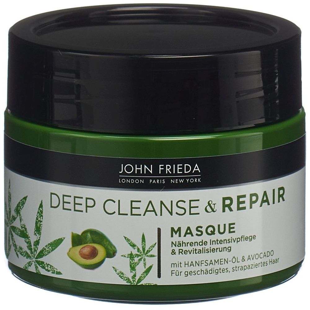 Pot vert avec couvercle noir. Inscription: JOHN FRIEDA, DEEP CLEANSE & REPAIR MASQUE. Avec huile de graines de chanvre et avocat.